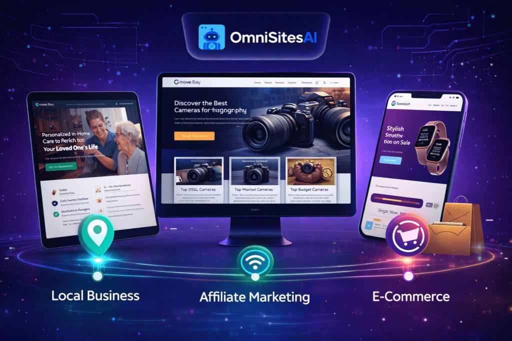 Examples of AI websites built with OmniSites AI for local businesses, affiliate marketing, and e-commerce